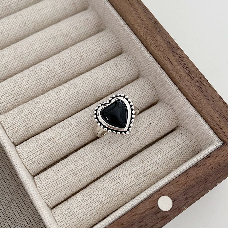 Black Gems Heart Silver Ring