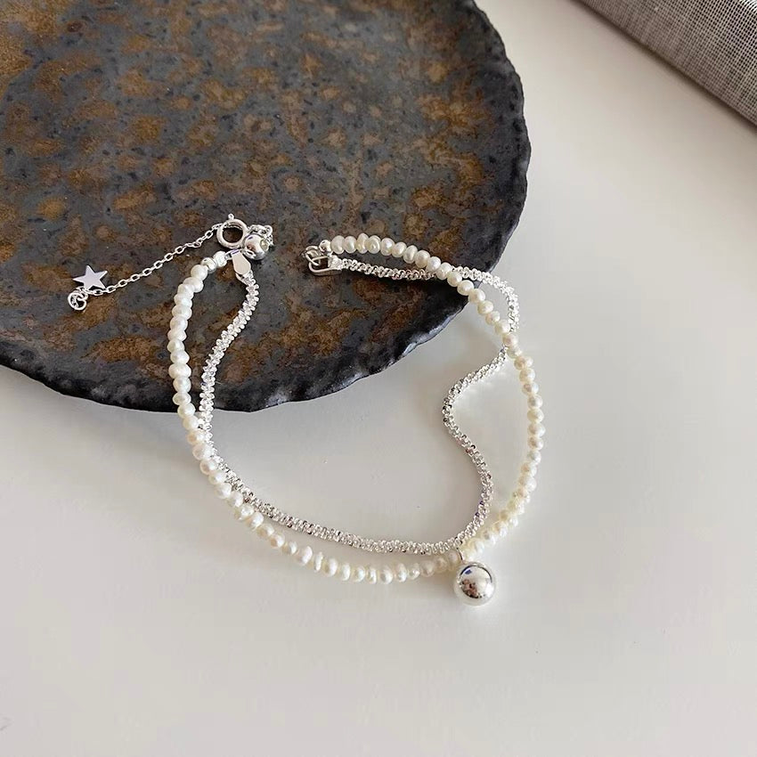 Silver Baroque Pearl Double-layer Bracelet