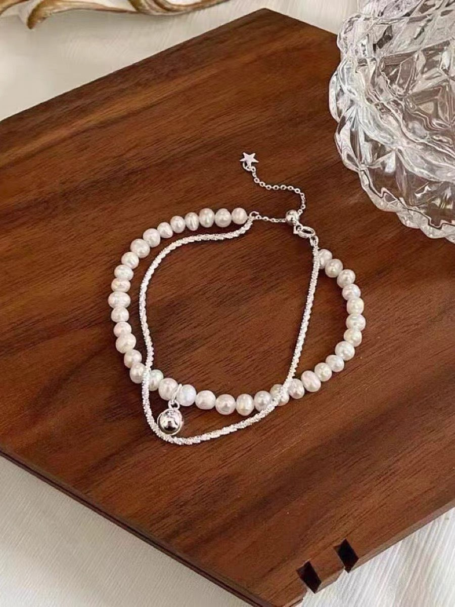 Silver Baroque Pearl Double-layer Bracelet