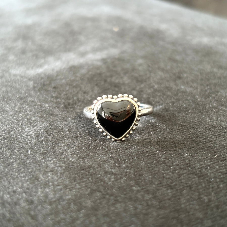 Black Gems Heart Silver Ring