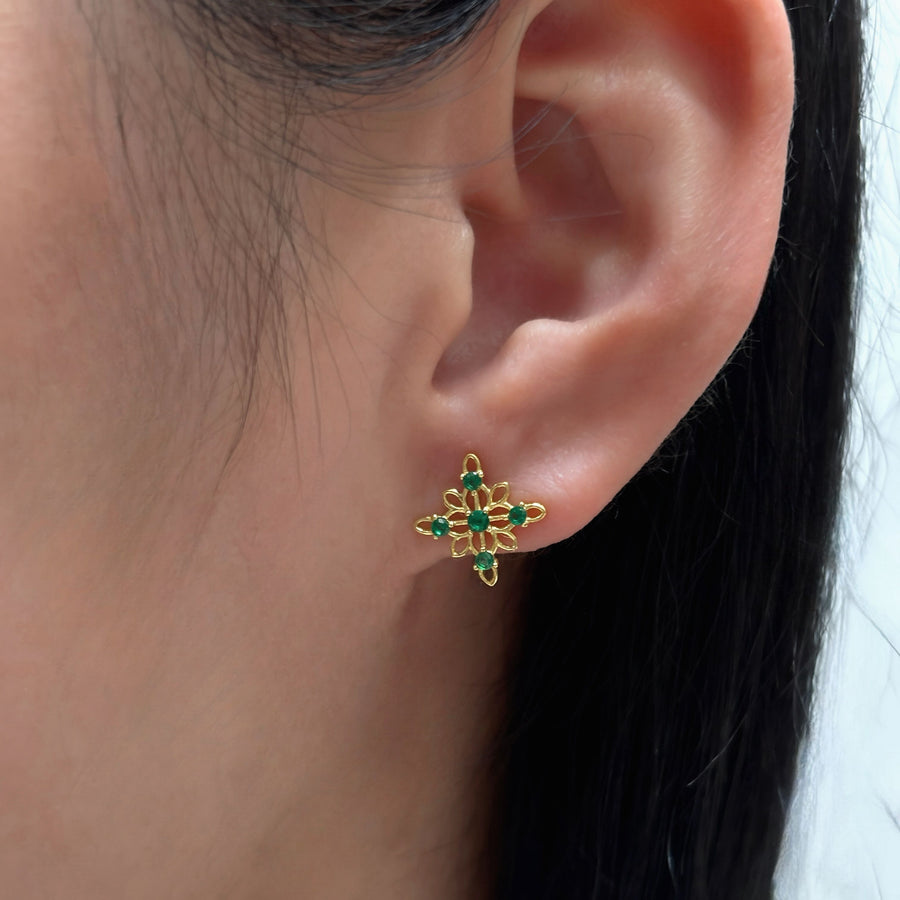 925 silver earring. Embrace nature-inspired elegance with these floral-shaped stud earrings, featuring vibrant emerald zircon set in a delicate gold frame. Perfect for adding a pop of color and charm to your everyday look. 