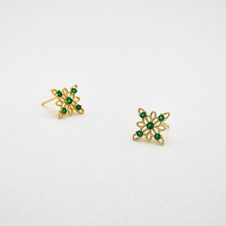 925 silver earring. Embrace nature-inspired elegance with these floral-shaped stud earrings, featuring vibrant emerald zircon set in a delicate gold frame. Perfect for adding a pop of color and charm to your everyday look. 