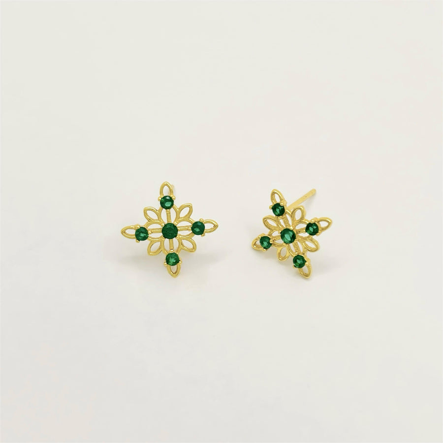 925 silver earring. Embrace nature-inspired elegance with these floral-shaped stud earrings, featuring vibrant emerald zircon set in a delicate gold frame. Perfect for adding a pop of color and charm to your everyday look. 