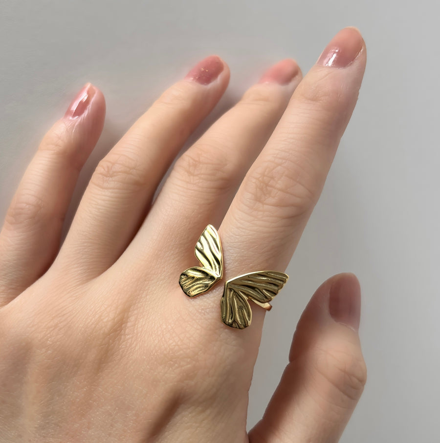 gold vermeil ring. This elegant butterfly open ring features a delicate design, symbolizing grace and transformation. 