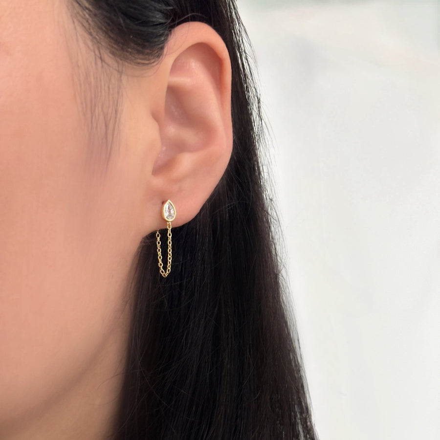 These exquisite earrings feature a delicate teardrop-shaped cubic zircon set in a gold-tone bezel. Each earring is adorned with a fine gold chain that adds a touch of sophistication and elegance to any outfit. Perfect for both casual and formal occasions, these earrings are a versatile accessory that enhances your style with their timeless charm.