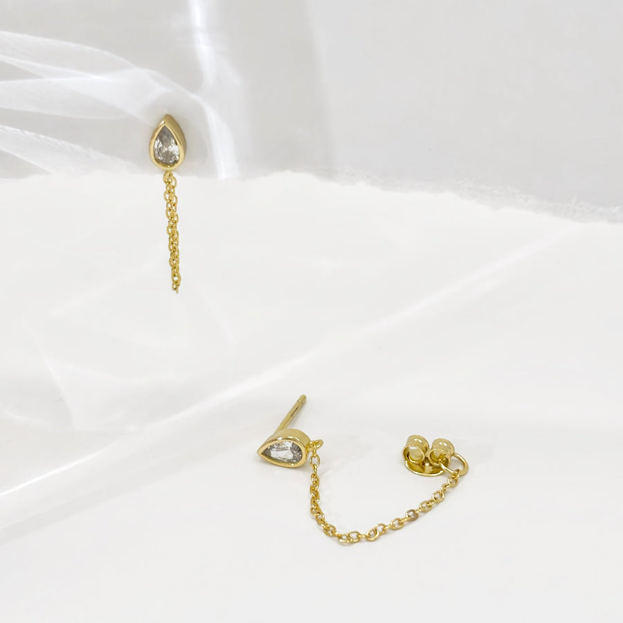 These exquisite earrings feature a delicate teardrop-shaped cubic zircon set in a gold-tone bezel. Each earring is adorned with a fine gold chain that adds a touch of sophistication and elegance to any outfit. Perfect for both casual and formal occasions, these earrings are a versatile accessory that enhances your style with their timeless charm.