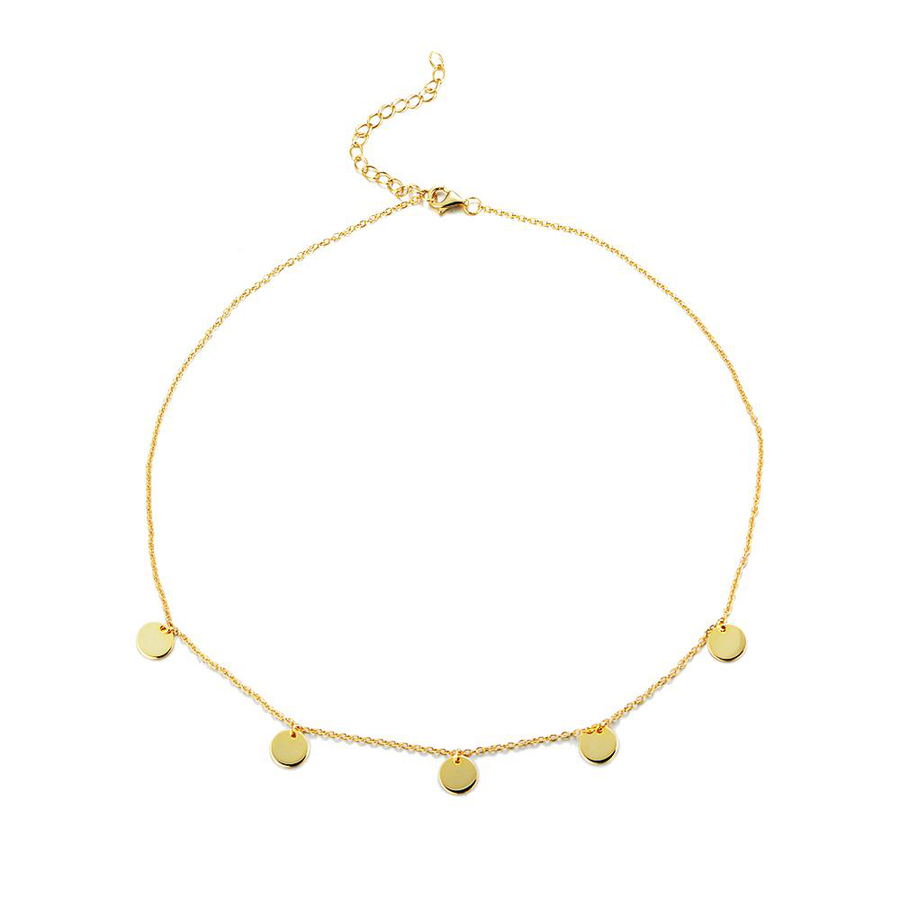 This dainty gold-plated silver necklace features delicate circular pendants, adding a touch of minimalistic charm to any outfit. Perfect for layering or wearing alone, this necklace complements both casual and formal looks effortlessly.